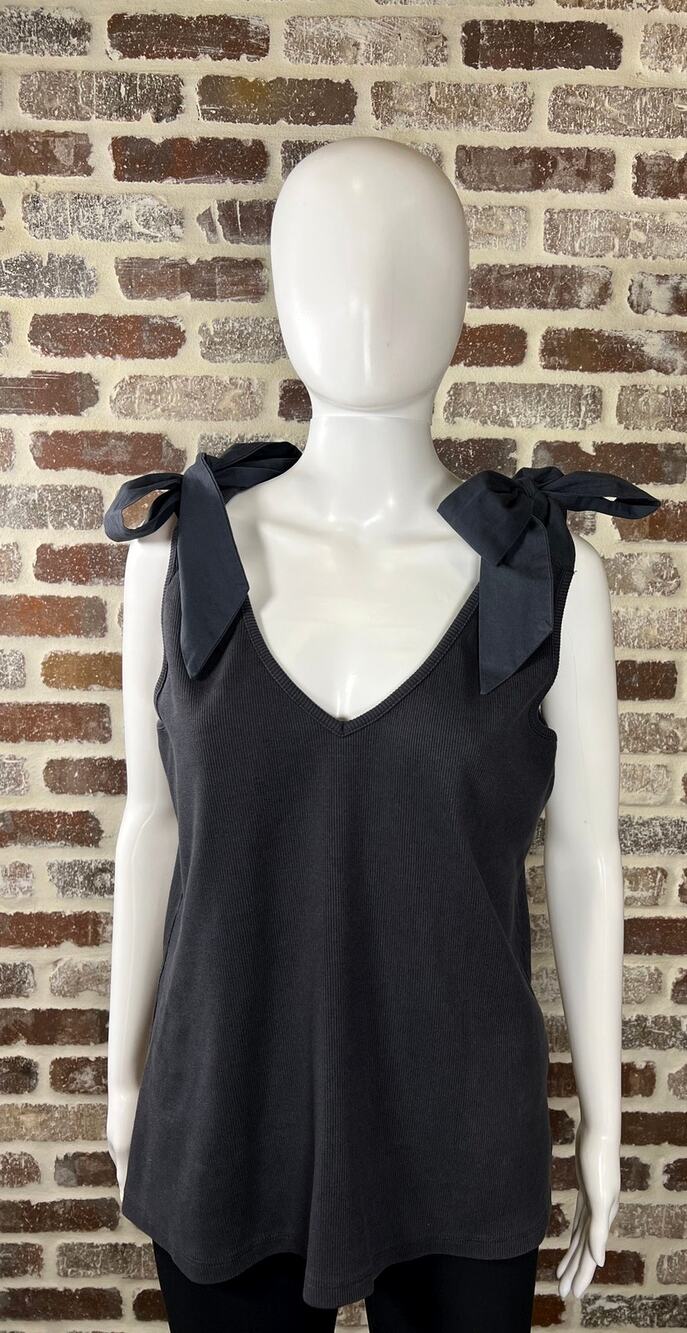 Anthropologie~Maeve Rafaela Bow Tie Tank Ribbed Bodice V Neck Dk Gray Women's XL